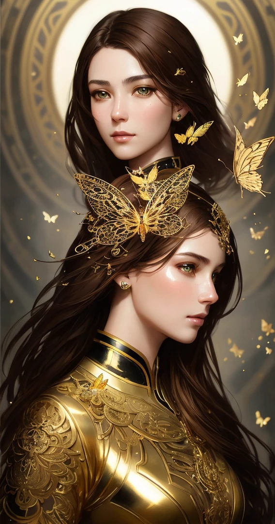 8k portrait of beautiful cyborg with brown hair, intricate, elegant, highly detailed, majestic, digital photography, art by artgerm and ruan jia and greg rutkowski surreal painting gold butterfly filigree, broken glass, (masterpiece, sidelighting, finely detailed beautiful eyes: 1.2), hdr