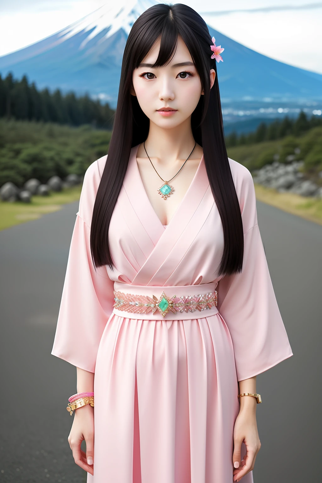 Photo of beautiful Japanese woman, long hair, (eyes), wearing pink dress, jewelry, bracelet, Mount Fuji, (pale skin), (full body), detailed, high detail, sharp focus, depth of field, photorealistic