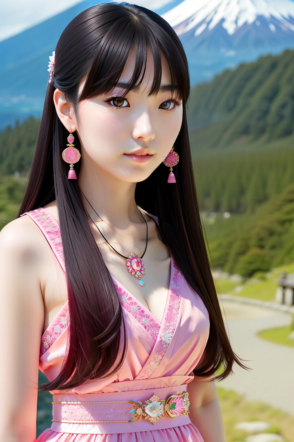 Photo of beautiful Japanese woman, long hair, (eyes), wearing pink dress, jewelry, bracelet, Mount Fuji, (pale skin), (full body), detailed, high detail, sharp focus, depth of field, photorealistic