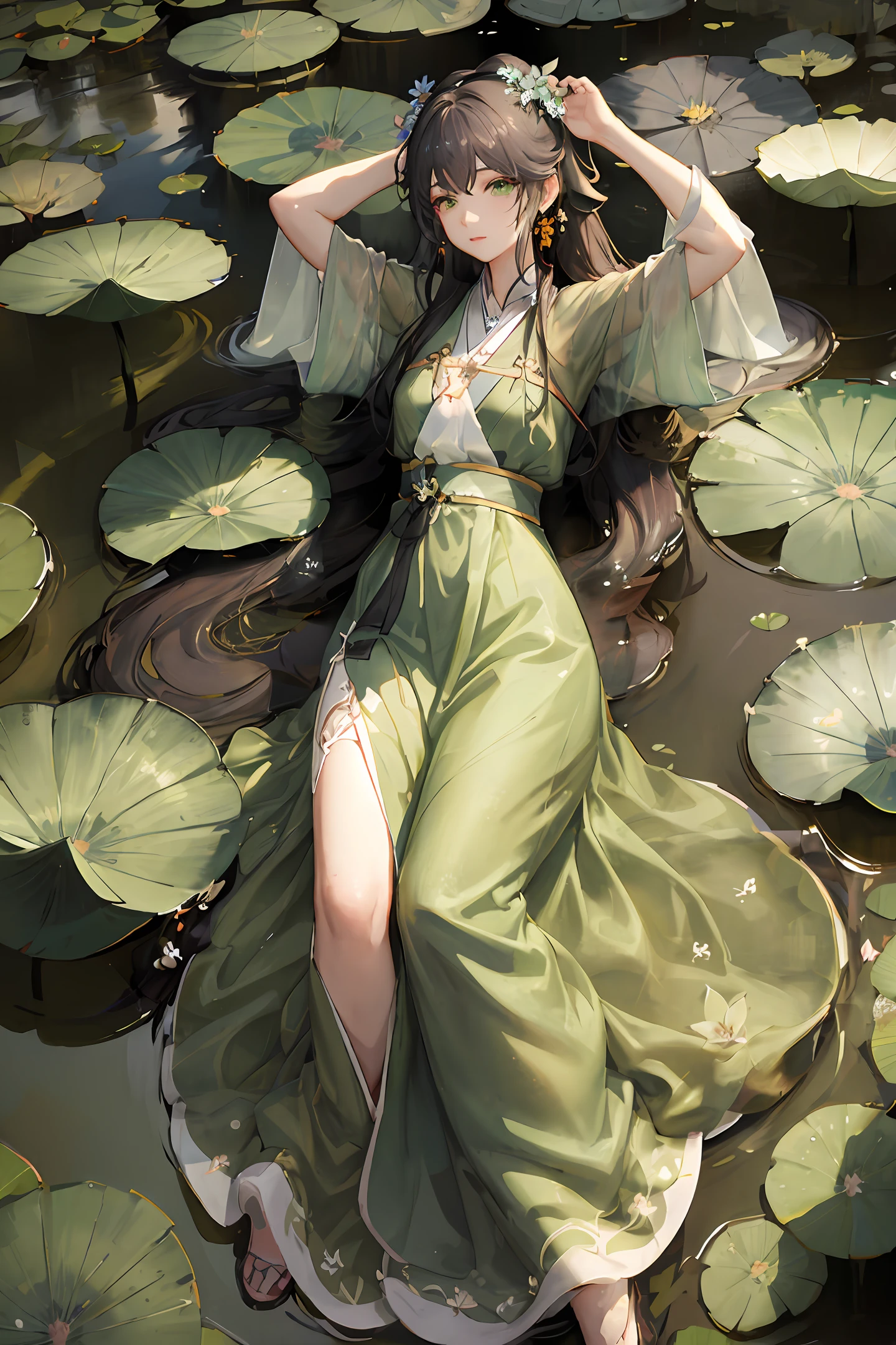 there is a woman in a green dress laying on a lily covered pond, by Yang J, artwork in the style of guweiz, by Zeng Jing, guweiz on pixiv artstation, guweiz, guweiz on artstation pixiv, palace , a girl in hanfu, by Li Song, beautiful digital artwork, by Chen Lin