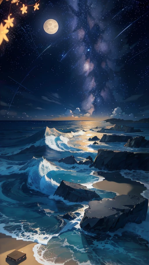 starry night sky with a beach and a full moon, digital art inspired by Makoto Shinkai, pixiv contest winner, space art, amazing wallpaper, cosmic skies. by makoto shinkai, beautiful wallpaper, background artwork, anime art wallpaper 4k, anime art wallpaper 4 k, anime background, anime art wallpaper 8 k, 4k highly detailed digital art