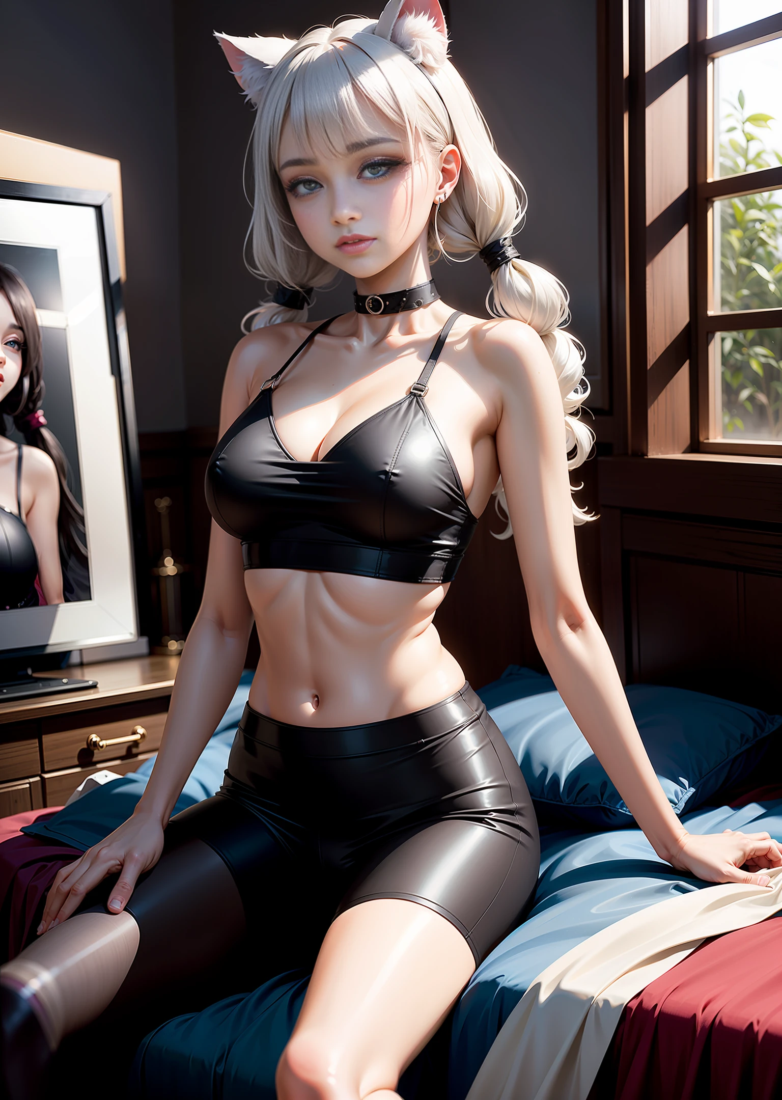 Fashion Girl, (height: 1.1) , (color: 0.9) , (masterpiece: 1.2) , extremely complex, best quality, detail, 8k, height, 1 girl, mature female, short hair, real light source, focus person lens, close-up, uP front, subjective perspective, male focus, looking at the audience, solo, medium lens, define 'real' light source, straight line, (above: 0.9) , (over-the-shoulder shot) , (chest: 1.1) , Tall Woman, (crotch: 1.1) , Medium breasts,shot from a distance, looking away, gradation of hair, indigo eyes, delicate eyes, shy expression,,smile,, messy room, book, pen,paper,depth of field,Sofa, bed,pillow,water dispenser,TV,socks, living room, table,(medium white hair, low twintails:1.2 ),looking at viewer, (white crop top:1.2),(cat ears),,