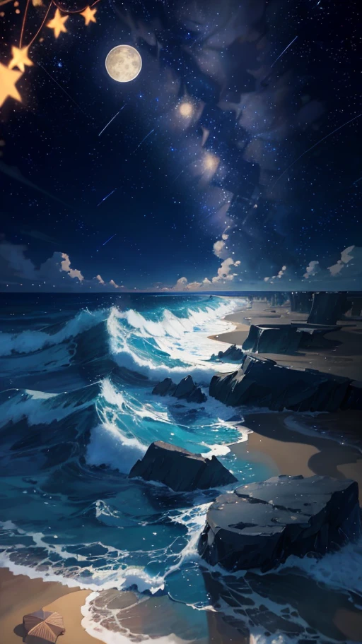 starry night sky with a beach and a full moon, digital art inspired by Makoto Shinkai, pixiv contest winner, space art, amazing wallpaper, cosmic skies. by makoto shinkai, beautiful wallpaper, background artwork, anime art wallpaper 4k, anime art wallpaper 4 k, anime background, anime art wallpaper 8 k, 4k highly detailed digital art