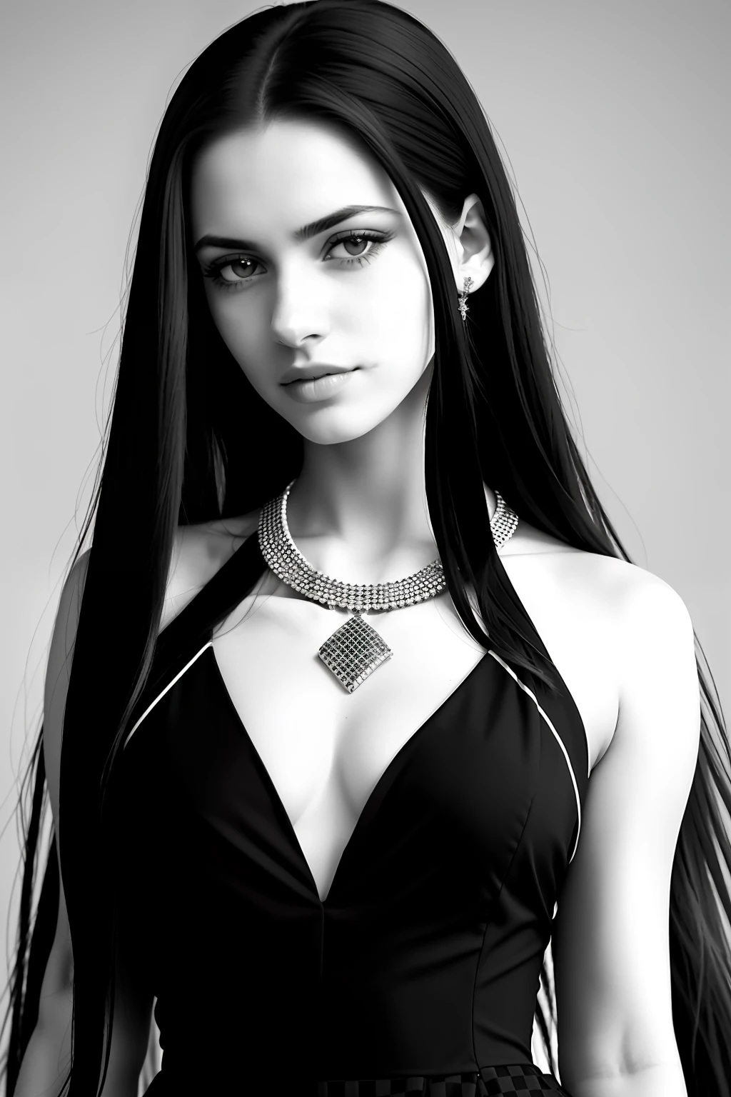 Photo of beautiful brazilian woman, long hair, (eyes), wearing black and white checkered dress, jewelry, bracelet, soccer field, (pale skin), (full body), detailed, high detail, sharp focus, depth of field, photorealistic