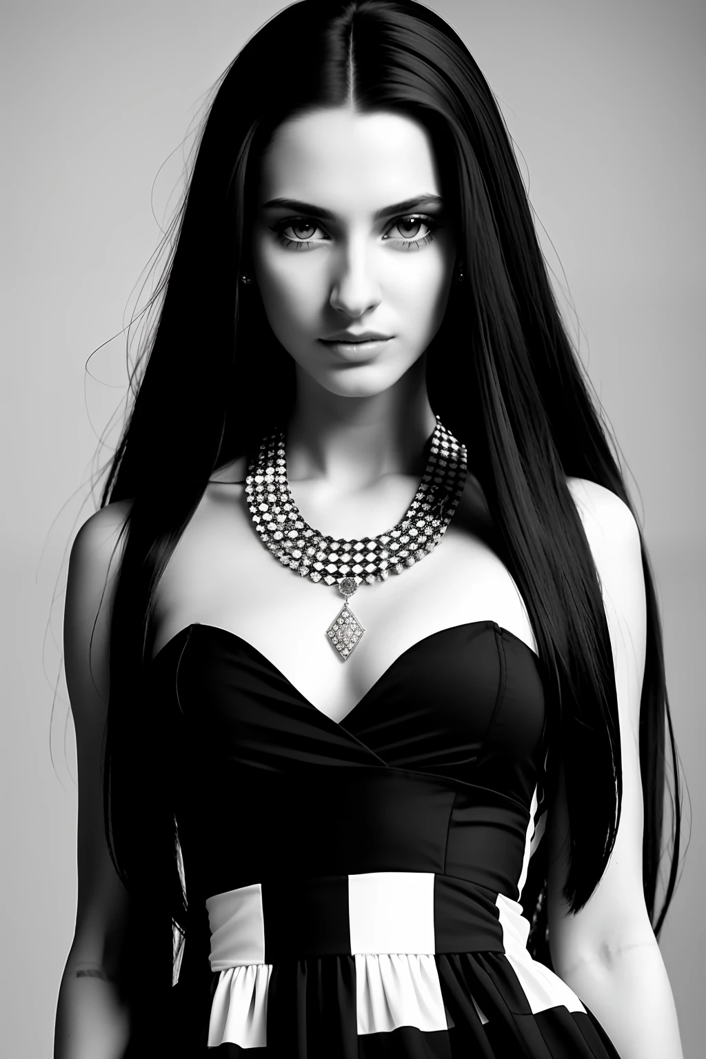 Photo of beautiful brazilian woman, long hair, (eyes), wearing black and white checkered dress, jewelry, bracelet, soccer field, (pale skin), (full body), detailed, high detail, sharp focus, depth of field, photorealistic