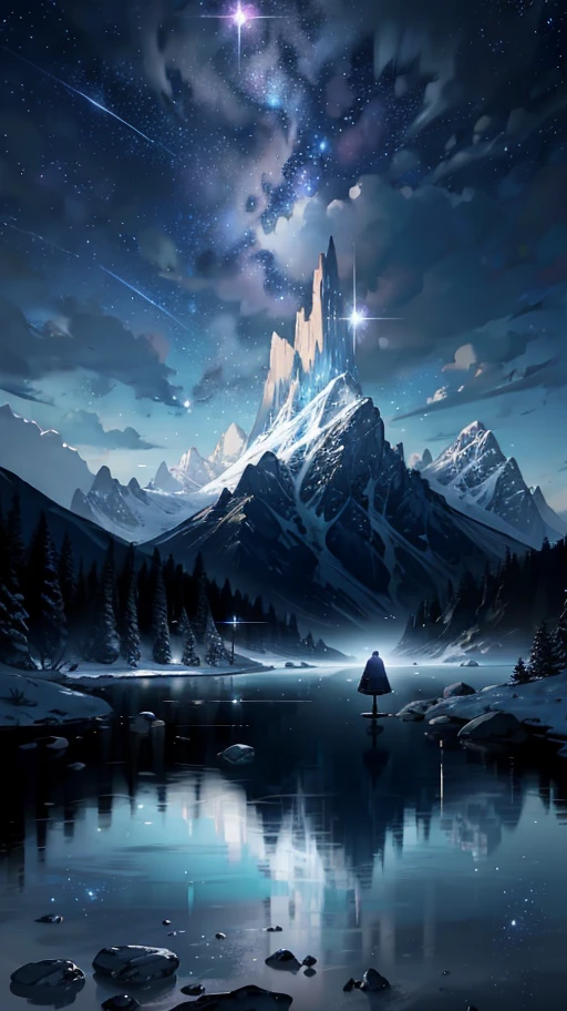 Starry Sky with Mountains and Lake, Jessica Rossier, Inspired by Jessica Rossier, Jessica Rossier Fantasy Art, Concept Art Magic Highlights, Official Artwork, Dream Painting, Ethereal Realm, Atmospheric artwork, dreamy matte paintings, serene endless stars inspired by Ted Nasmith, moonlit starry environments, epic music album covers.