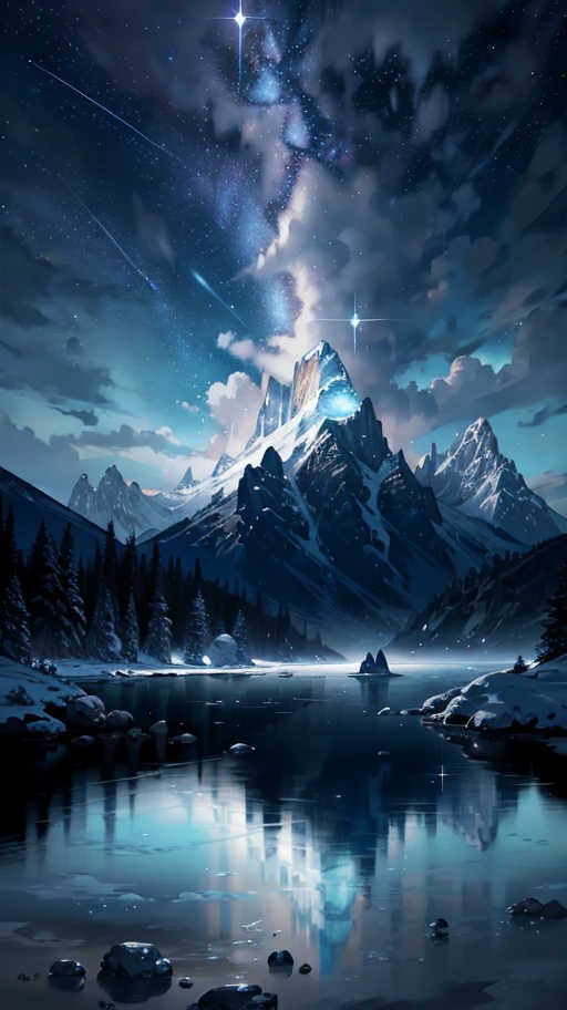 Starry Sky with Mountains and Lake, Jessica Rossier, Inspired by Jessica Rossier, Jessica Rossier Fantasy Art, Concept Art Magic Highlights, Official Artwork, Dream Painting, Ethereal Realm, Atmospheric artwork, dreamy matte paintings, serene endless stars inspired by Ted Nasmith, moonlit starry environments, epic music album covers.