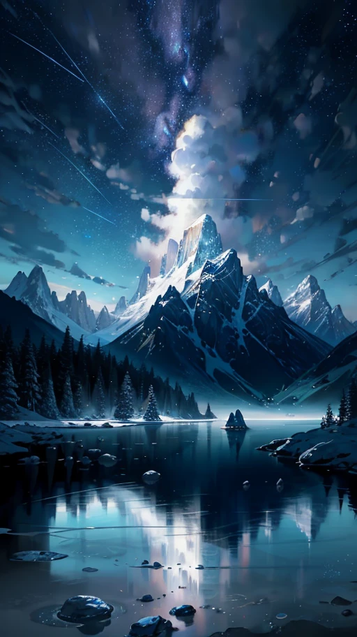 Starry Sky with Mountains and Lake, Jessica Rossier, Inspired by Jessica Rossier, Jessica Rossier Fantasy Art, Concept Art Magic Highlights, Official Artwork, Dream Painting, Ethereal Realm, Atmospheric artwork, dreamy matte paintings, serene endless stars inspired by Ted Nasmith, moonlit starry environments, epic music album covers.