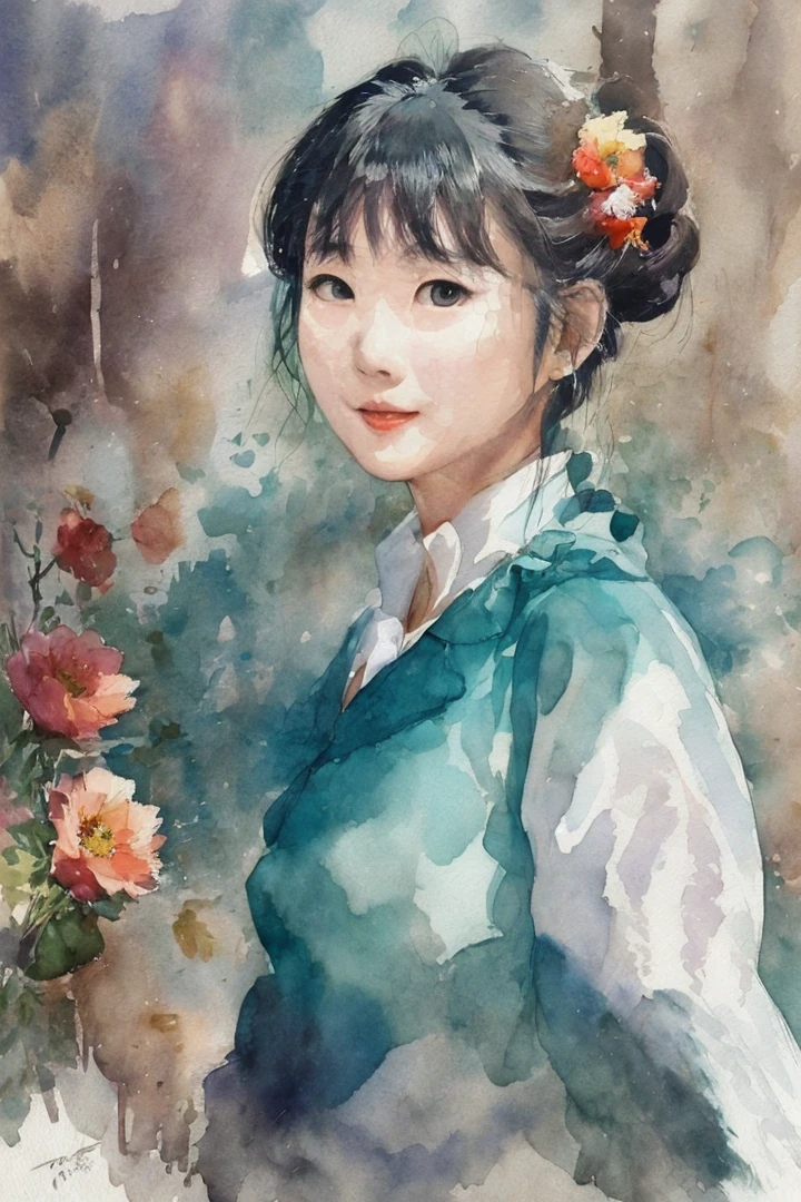 Japanese actress (upper body: 1.5), (white background: 1.4), ((tachi-e)), original work, (illustration: 1.1), (best quality), (masterpiece: 1.1), (extremely detailed CG unity 8k Wallpaper: 1.1 ), (color: 0.9), (panorama: 1.4), (full body: 1.05), (single: 1.2), (splash ink), (splash color), ((watercolor)), clear and sharp, { 1girl Standing},((chinese style )),(flowers,woods), outdoors, rocks, looking at the viewer, making a happy expression, soft smile, pure, beautyfull detailed face and eyes, beautyfull intricate clothing Pattern details, black hair, black eyes, colored water