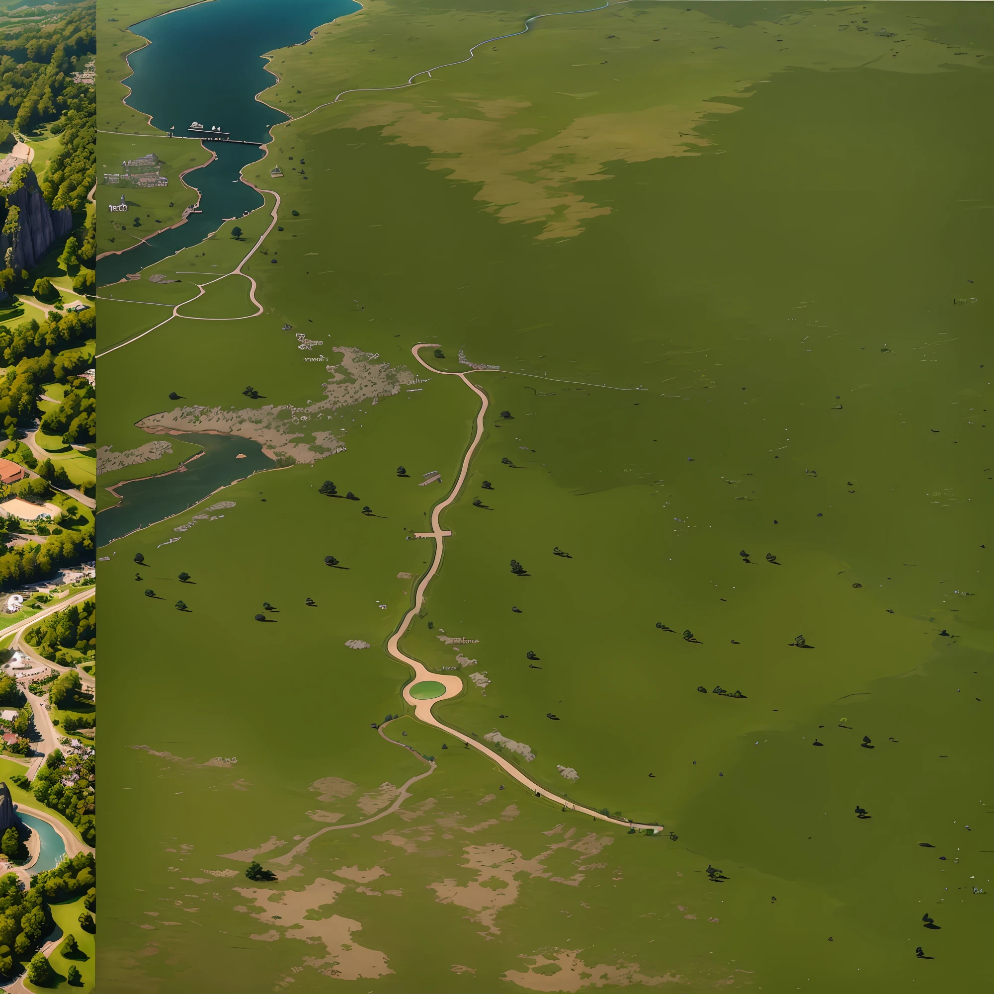araffes in a field with a river and a forest, steam workshop maps, no trees, hyper detailed, zoom out very far, game map, grassy plains, coastline, highly detailed terrain, an expansive grassy plain, entire city visible, detailed scenery — Width 672, highly detailed maps, simple fantasy maps, r/battlemaps, detailed terrain, rock walls of river channels