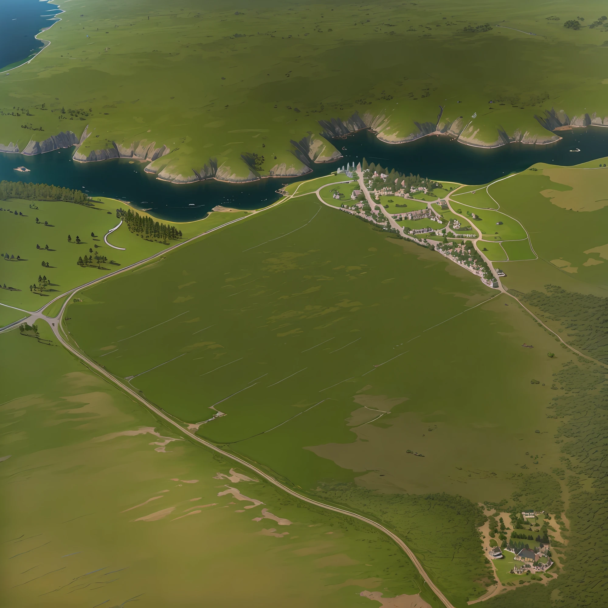 araffes in a field with a river and a forest, steam workshop maps, no trees, hyper detailed, zoom out very far, game map, grassy plains, coastline, highly detailed terrain, an expansive grassy plain, entire city visible, detailed scenery — Width 672, highly detailed maps, simple fantasy maps, r/battlemaps, detailed terrain, rock walls of river channels