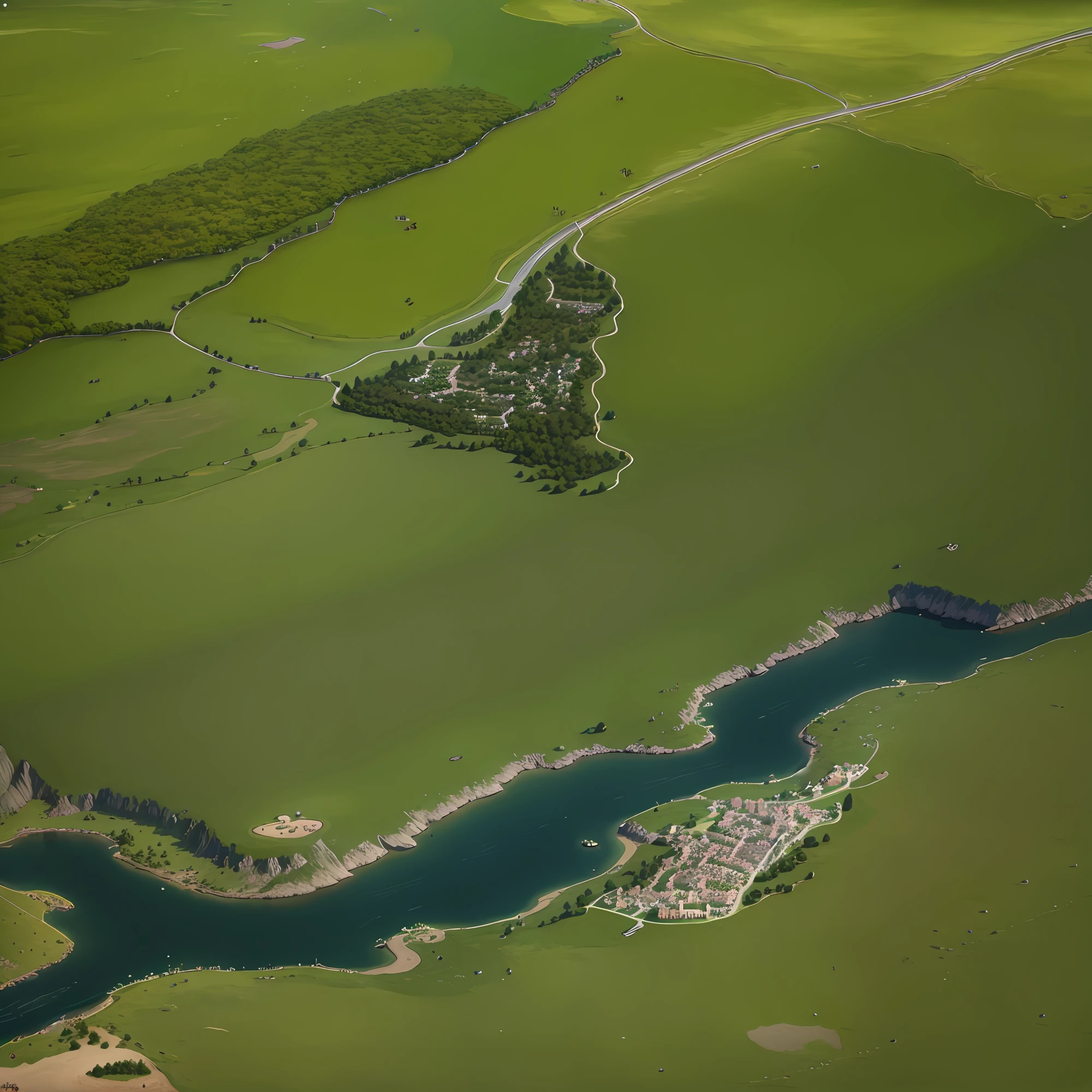 araffes in a field with a river and a forest, steam workshop maps, no trees, hyper detailed, zoom out very far, game map, grassy plains, coastline, highly detailed terrain, an expansive grassy plain, entire city visible, detailed scenery — Width 672, highly detailed maps, simple fantasy maps, r/battlemaps, detailed terrain, rock walls of river channels