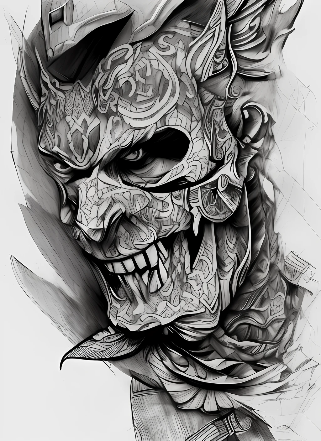 Sketch for a tattoo on paper next to a pen, bw high quality, detailed, samurai