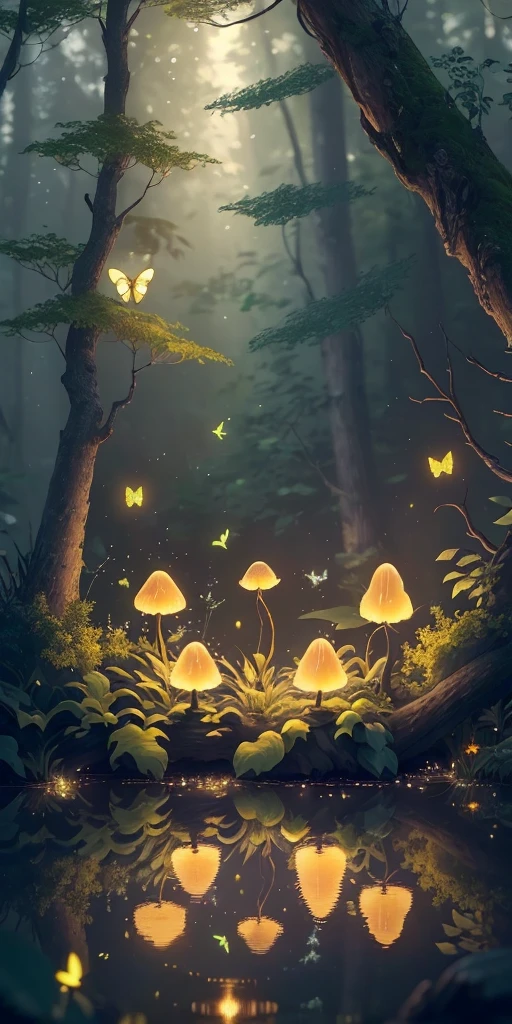A masterpiece, the best quality, stunning reflections, the best reflections ever. (very detailed CG unity 8k wallpapers), (best quality), (best illustrations), forest theme with natural elements. Tall trees, quiet streams, glowing little mushrooms surrounded by delicate leaves and branches, as well as fireflies and glowing particle effects fawns, colorful flowers,, (natural elements), (jungle theme), (leaves), (twigs), (fireflies), butterflies, (delicate leaves), (glow), (particle effects). , Isometric 3D, Octane Rendering, Ray Traced, Super Detailed