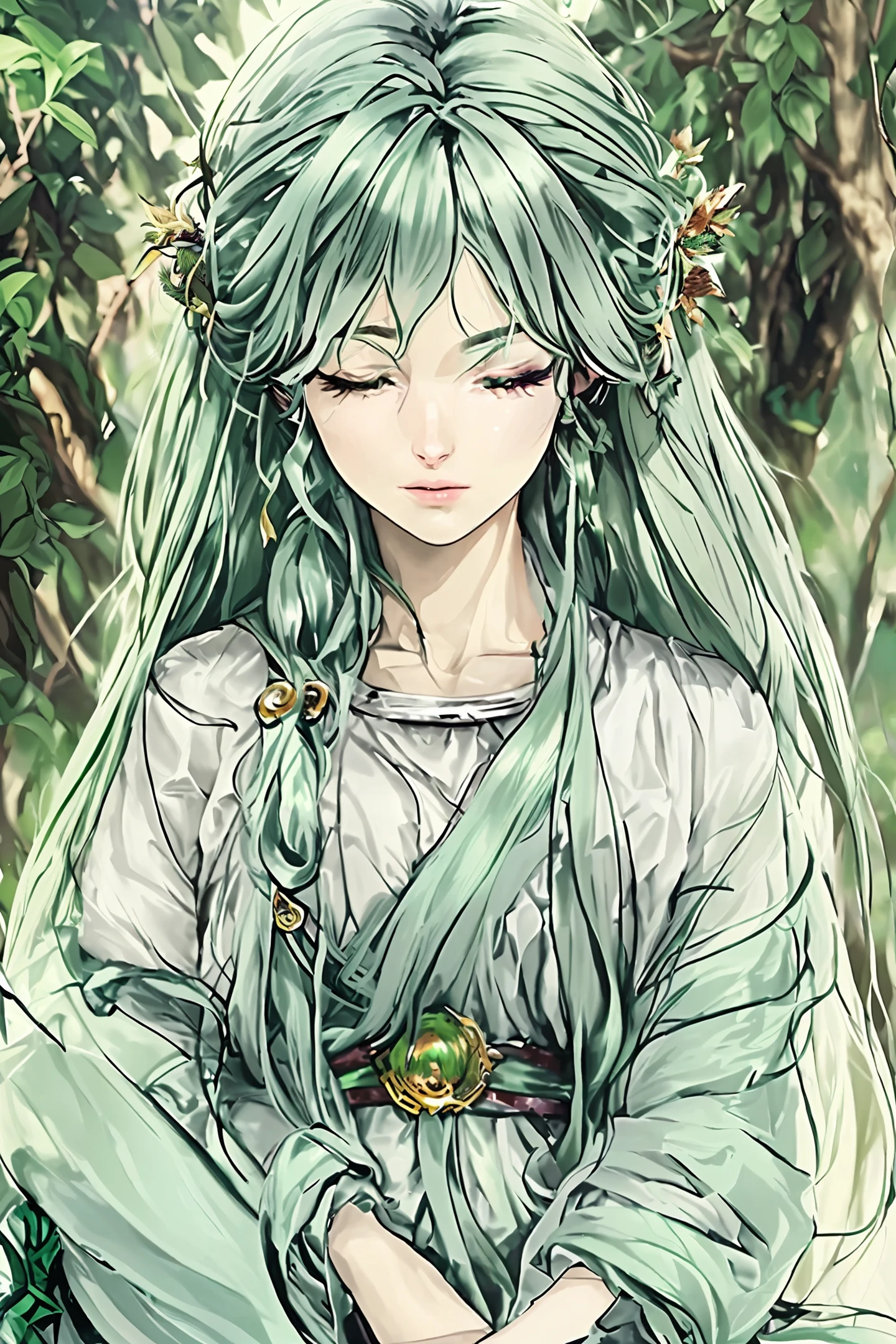 (Ultra-wide-angle close-up, green and fresh, hair scattered around, a woman with green hair, a beautiful god, frontal close-up, overlooking sentient beings)