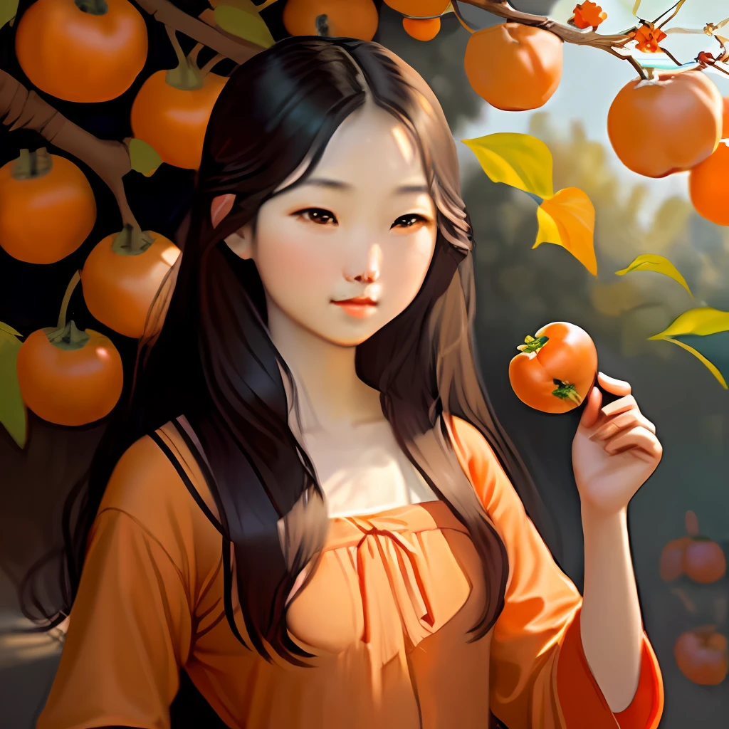 Impressionism, a age girl eating persimmons, a young oriental woman with human body showing upper body, graceful posture, classical oil painting style, holding a persimmon, fresh persimmons, long hair in the Chinese style, modernist oil painting, grainy background, persimmons tree, sunny afternoon, peaceful picture