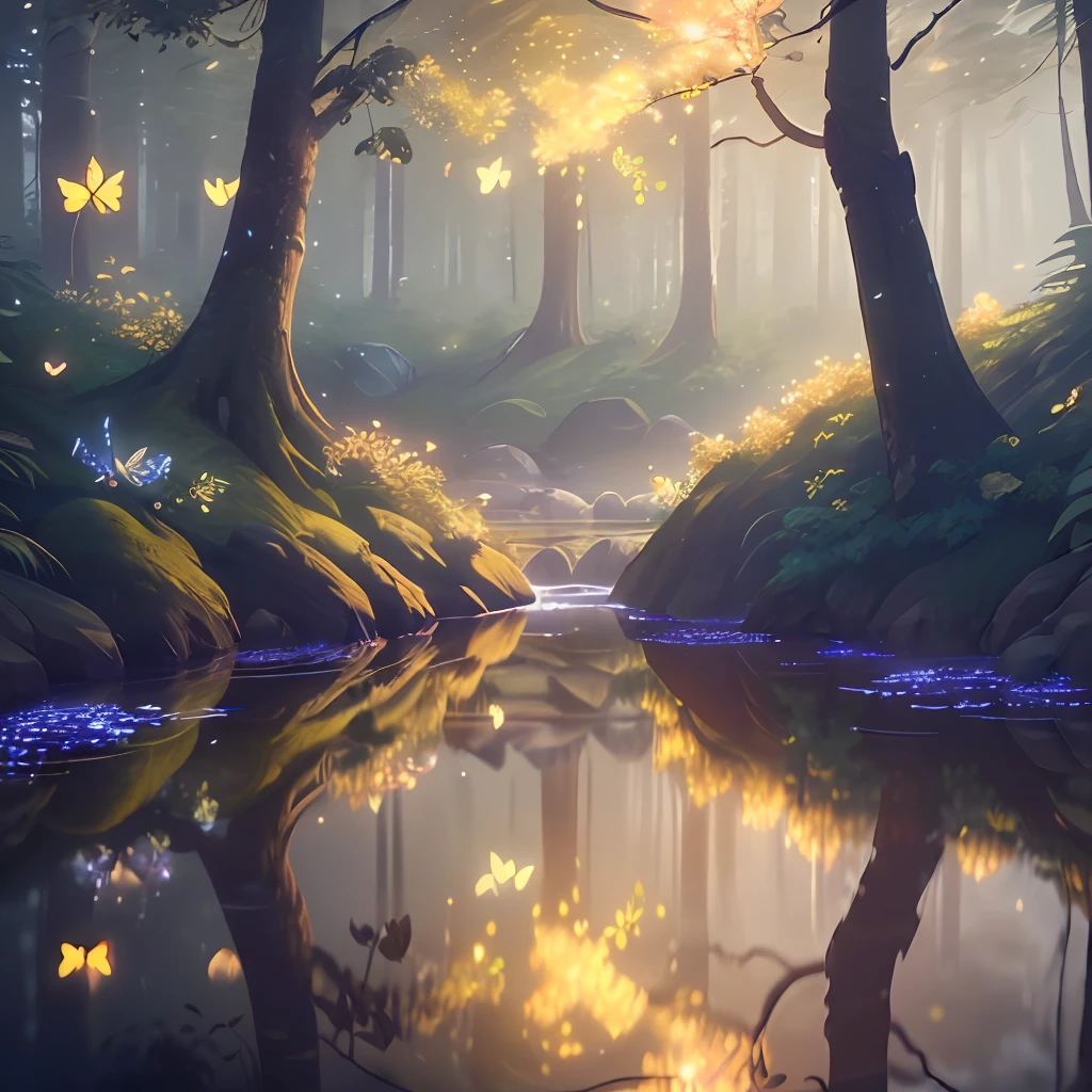 A masterpiece, the best quality, stunning reflections, the best reflections ever. (very detailed CG unity 8k wallpapers), (best quality), (best illustrations), forest theme with natural elements. Tall trees, quiet streams, glowing flowers of various colors, surrounded by delicate leaves and branches, with fireflies and glowing particle effects (natural elements), (jungle theme), (leaves), (twigs ), (fireflies), butterflies, (delicate leaves), (glow), (particle effects). , Isometric 3D, Octane Rendering, Ray Traced, Super Detailed