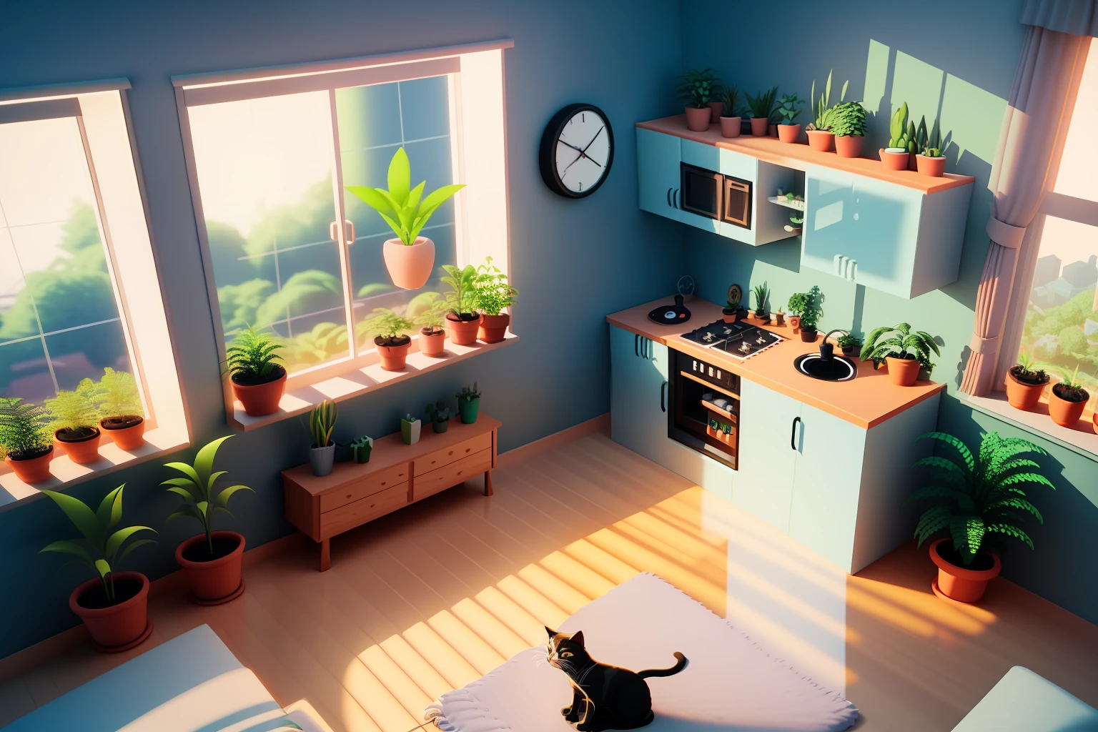 Isometric style, detailed 2D illustration, poly art, stylized 3D rendering, room with cat, 3D stylized scene, 3D rendering, isometric 3D rendering, 3D illustration, room full of plants, room with plants, Botanical garden