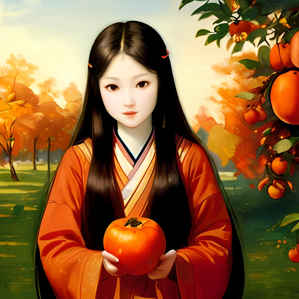 Impressionism, a teenage girl eating persimmons, a young oriental woman with human body showing upper body, graceful posture, classical oil painting style, holding a persimmon, fresh persimmons, long hair in the Chinese style, modernist oil painting, grainy background, persimmons tree, sunny afternoon, peaceful picture