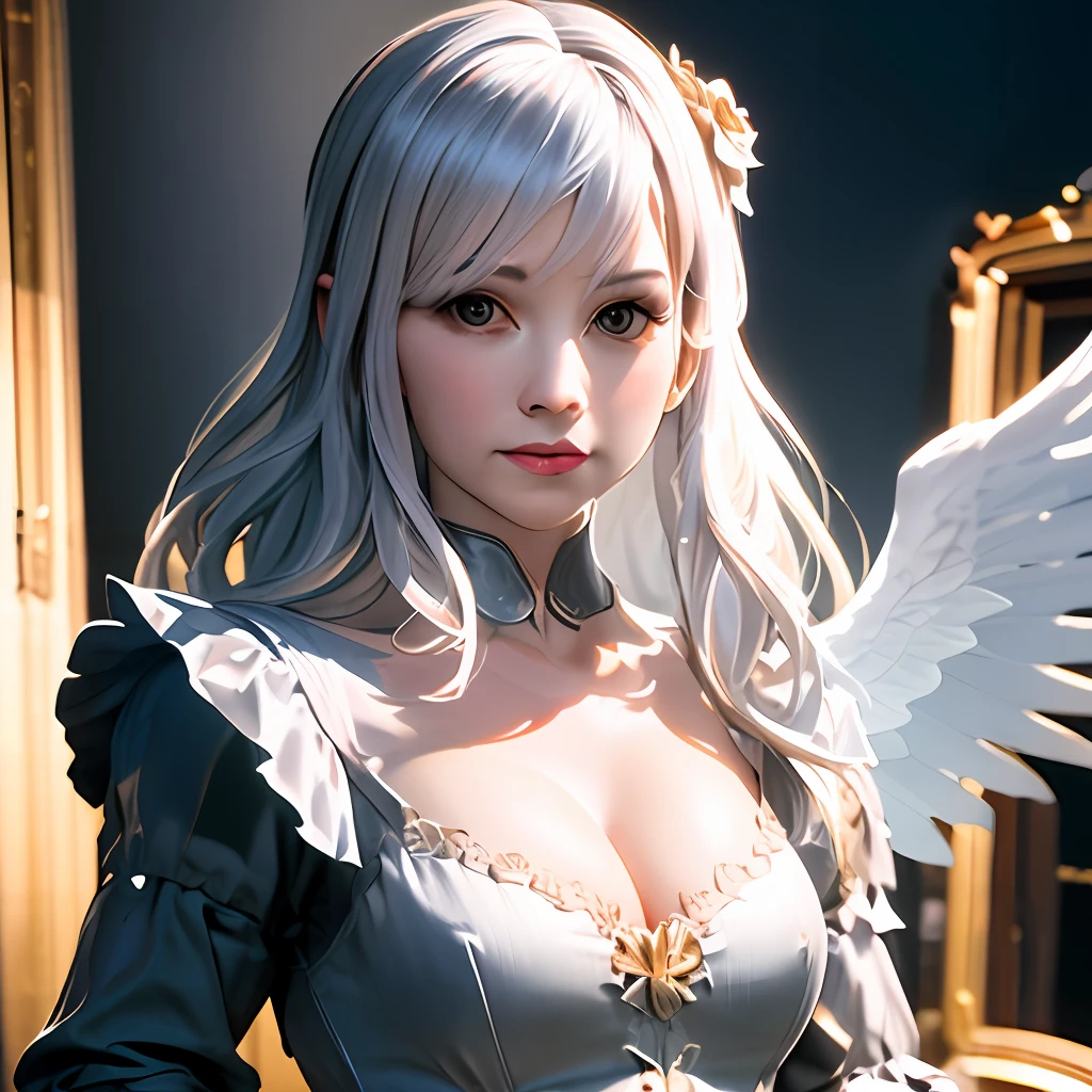1girl, looking at viewer, upper body, 3D, realistic, large breasts, excessively frilled princess dress, draped clothes, jewelry, ornament, flower, lace trim, masterpiece, best quality, 8k, detailed skin texture, detailed cloth texture, beautiful detailed face, intricate details, ultra detailed, rim lighting, side lighting, cinematic light, ultra high res, 8k uhd, film grain,best shadow, delicate, RAW