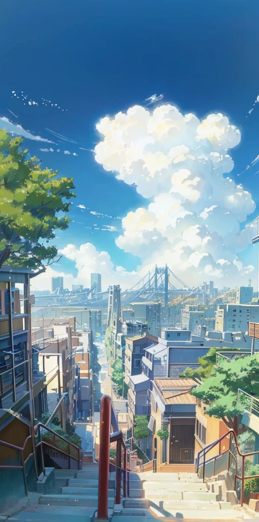 a picture taken from a high angle of a stairway leading to a city, an anime drawing by Makoto Shinkai, trending on pixiv, serial art, beautiful anime scene, style of makoto shinkai, tokyo anime scene, makoto shinkai. —h 2160, ( ( makoto shinkai ) ), beautiful anime scenery