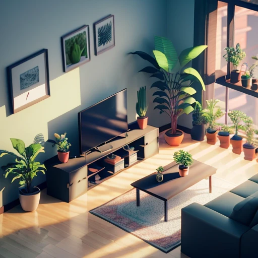 living room full of plants, stylized 3d rendering, isometric 8k, 3d stylized scene, 3d rendering stylized, 3d rendering, isometric 3d rendering, isometric style, detailed 2d illustration, realistic 3d style, highly detailed color low Poly art, 3d illustration