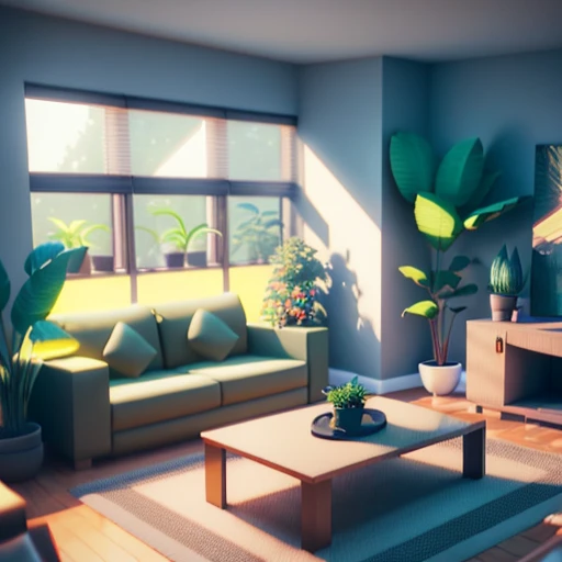 living room full of plants, stylized 3d rendering, isometric 8k, 3d stylized scene, stylized 3d rendering, 3d rendering, isometric 3d rendering, isometric style, detailed 2d illustration, realistic 3d style, highly detailed Color low poly art, 3d illustration, wall visible, thickness.