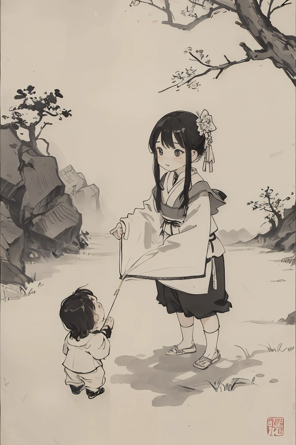 (masterpiece, best quality: 1.2), traditional Chinese ink painting, childlike