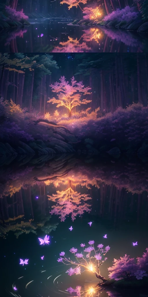 A masterpiece, the best quality, stunning reflections, the best reflections ever. (very detailed CG unity 8k wallpapers), (best quality), (best illustrations), forest theme with natural elements. Tall trees, quiet streams, glowing purple and pink flowers, surrounded by delicate leaves and branches, with fireflies and glowing particle effects (natural elements), (jungle theme), (leaves), ( Branches), (fireflies), butterflies, (delicate leaves), (glow), (particle effects). , Isometric 3D, Octane Rendering, Ray Traced, Super Detailed