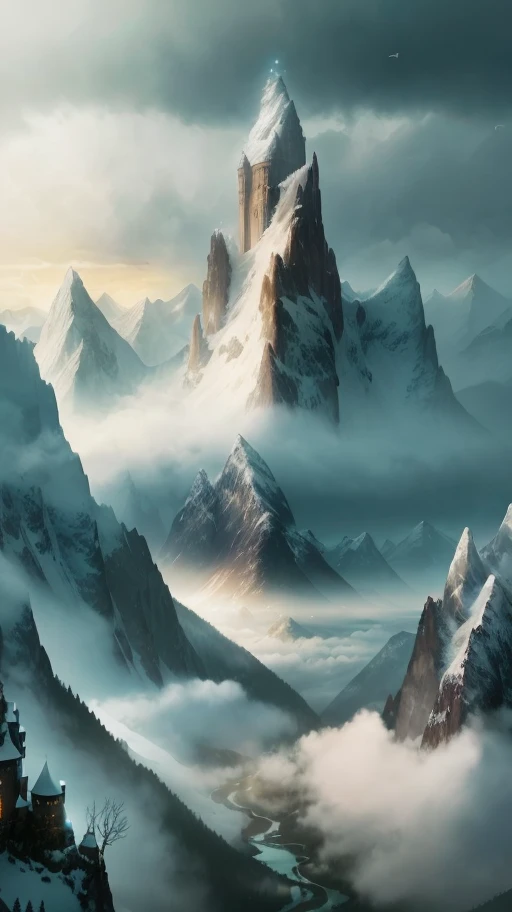 Overlooking the distant mountains, rivers, rolling peaks, vistas, castles, villages, clouds, birds, dawn in the dark, angelic light, surreal fantasy, close-up is the back of the Holy Light Knight (backlight)