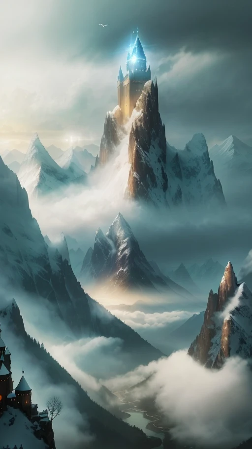 Overlooking the distant mountains, rivers, rolling peaks, vistas, castles, villages, clouds, birds, dawn in the dark, angelic light, surreal fantasy, close-up is the back of the Holy Light Knight (backlight)