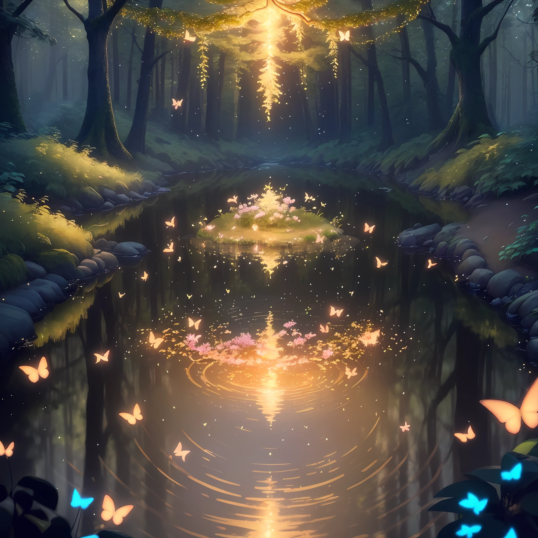A masterpiece, the best quality, stunning reflections, the best reflections ever. (very detailed CG unity 8k wallpapers), (best quality), (best illustrations), forest theme with natural elements. Tall trees, quiet streams, glowing flowers of various colors, surrounded by delicate leaves and branches, with fireflies and glowing particle effects (natural elements), (jungle theme), (leaves), (twigs ), (fireflies), butterflies, (delicate leaves), (glow), (particle effects). , Isometric 3D, Octane Rendering, Ray Traced, Super Detailed