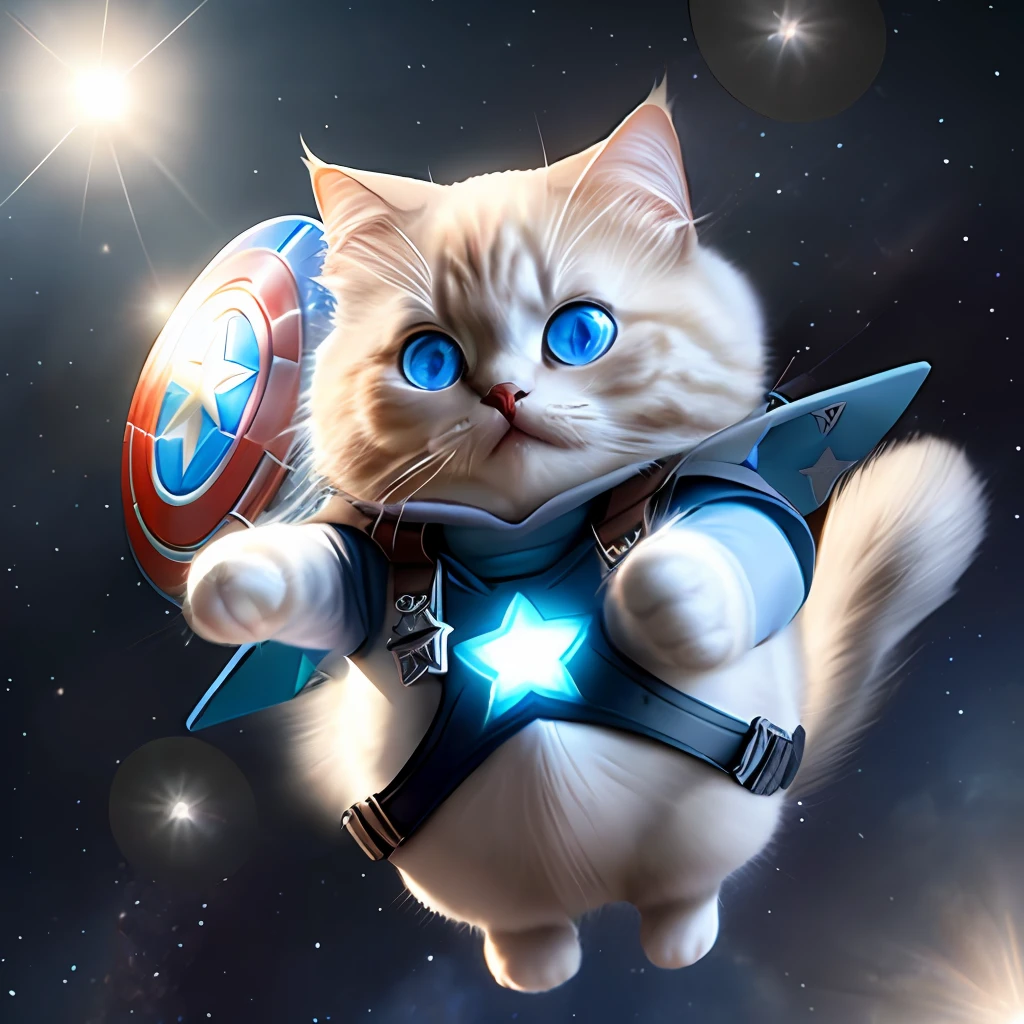 Pixar style, 3d, Birman cat, blue eyes, white fluffy, round gray face, anthropomorphic, Captain America, holding a cross star shield