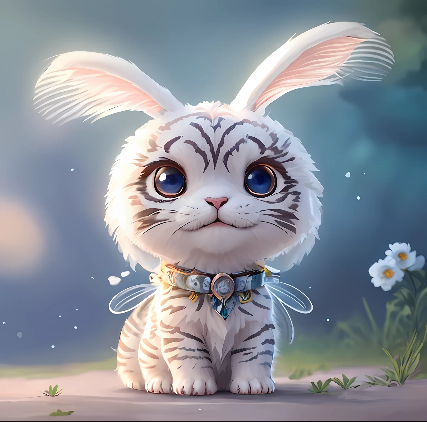 there is a white tiger with a bunny ears and a collar, cute detailed digital art, adorable digital painting, cute digital art, cute anthropomorphic bunny, cute 3 d render, cute detailed artwork, cute creature, cute cartoon character, cute little creature, cute artwork, beautiful digital artwork, dream animal cute eyes, cute forest creature, cute animal