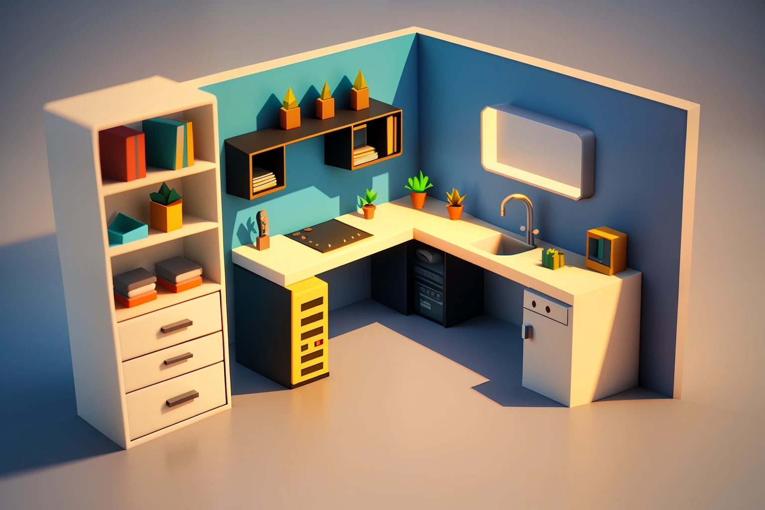 Isometric style, accurate 120 degrees, poly art, stylized 3D rendering, small room, 3D stylized scene,