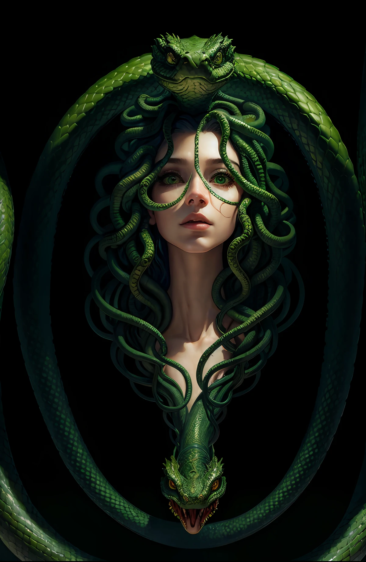 ((best quality)), ((masterpiece)), ((realistic)), Medusa, the body of the snake monster, the human face and upper body, the hair is composed of countless small snakes, green eyes, female face, metal carving tops, regal, trending on artstation, sharp focus, studio photo, intricate details, very detailed, detailed eyes, illustration, very detailed, sharp focus, digital rendering, professional, 4k