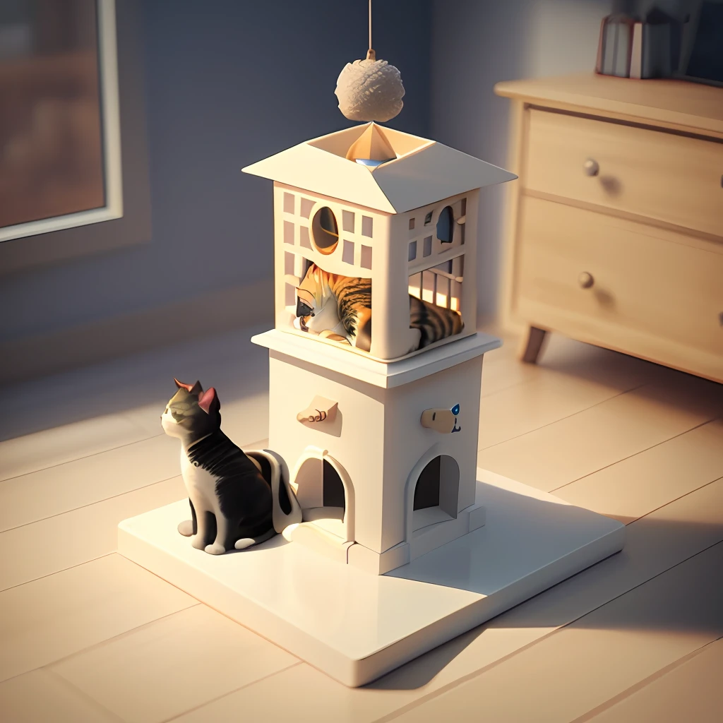 cat, room, cat tower, feed, accurate 120 degrees, isometric, 3D rendering, photorealistic 3D rendering