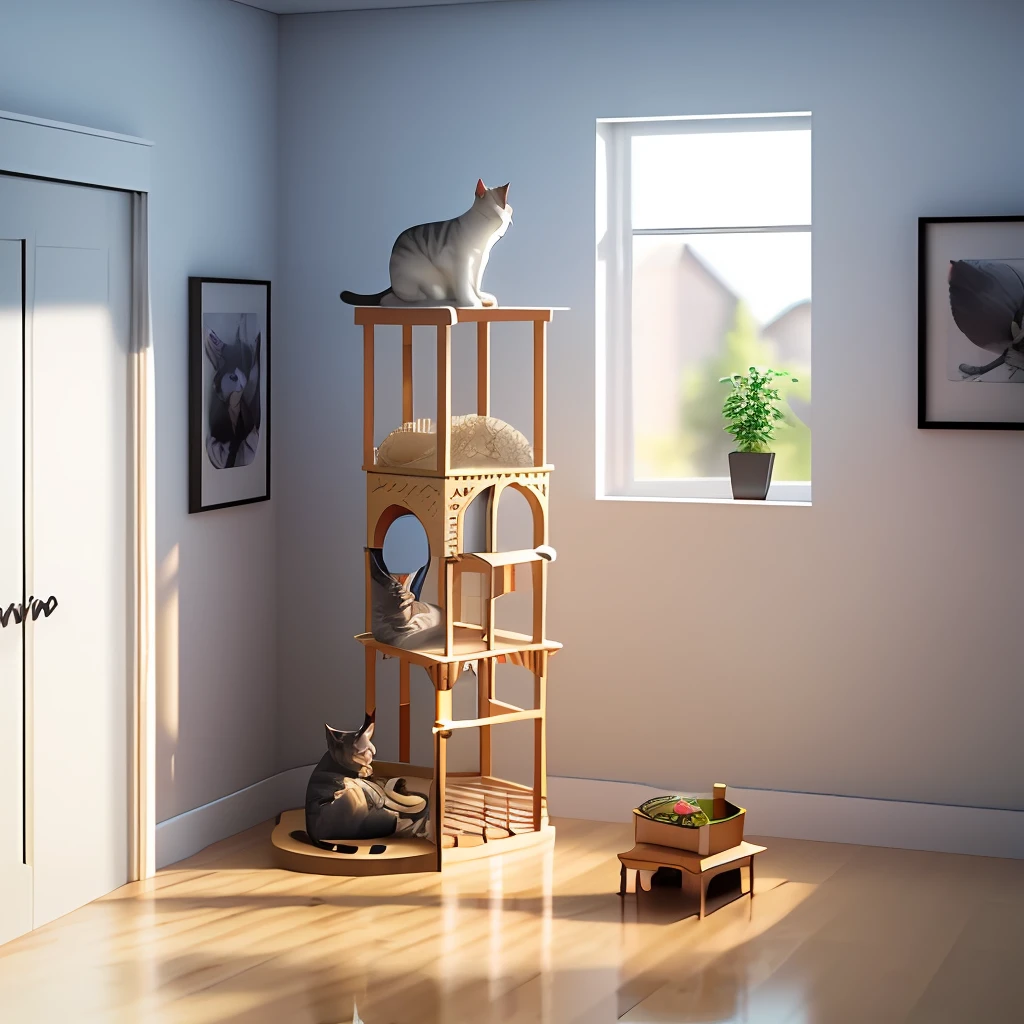 cat, room, cat tower, feed, accurate 120 degrees, isometric, 3D rendering, photorealistic 3D rendering