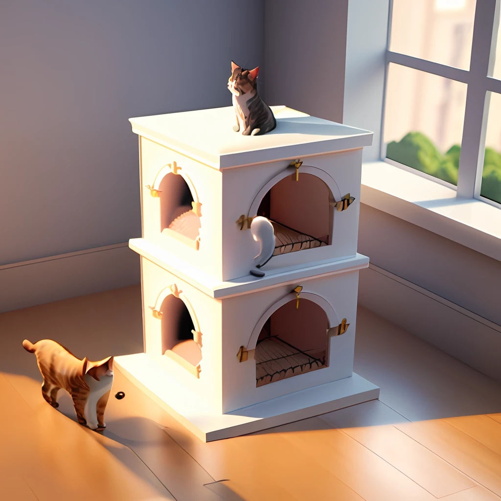 cat, room, cat tower, feed, accurate 120 degrees, isometric, 3D rendering, photorealistic 3D rendering
