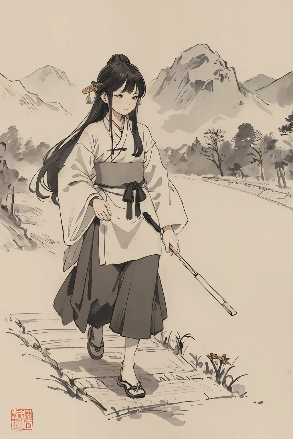 (masterpiece, best quality: 1.2), traditional Chinese ink painting, walking in the fields, beautiful artwork illustration, Yang J, girl walking on the hill