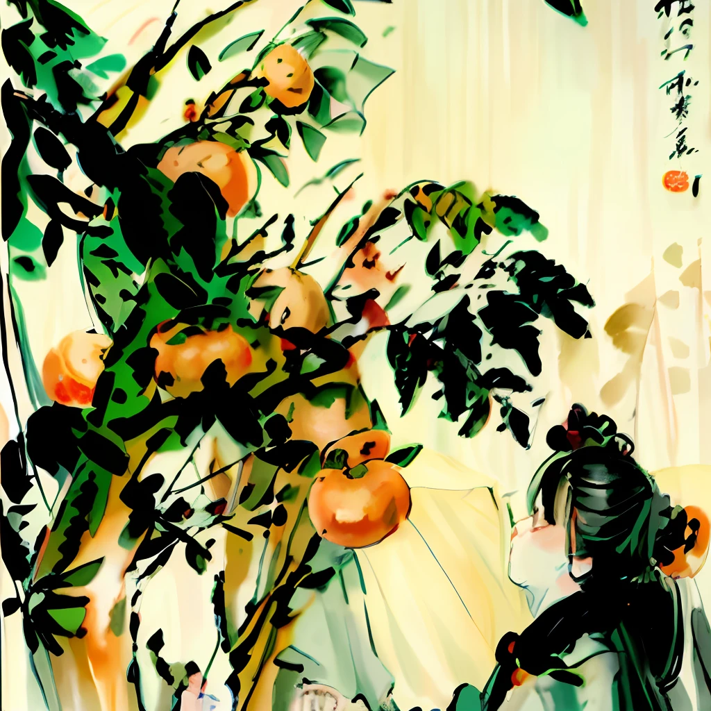 Impressionism, a young girl eating persimmons, a young oriental woman, the human body appears upper body, graceful gesture, classical oil painting style, holding persimmons, fresh persimmons, long Chinese hair, modernist oil painting, grainy background, persimmon tree, sunny afternoon, peaceful scene