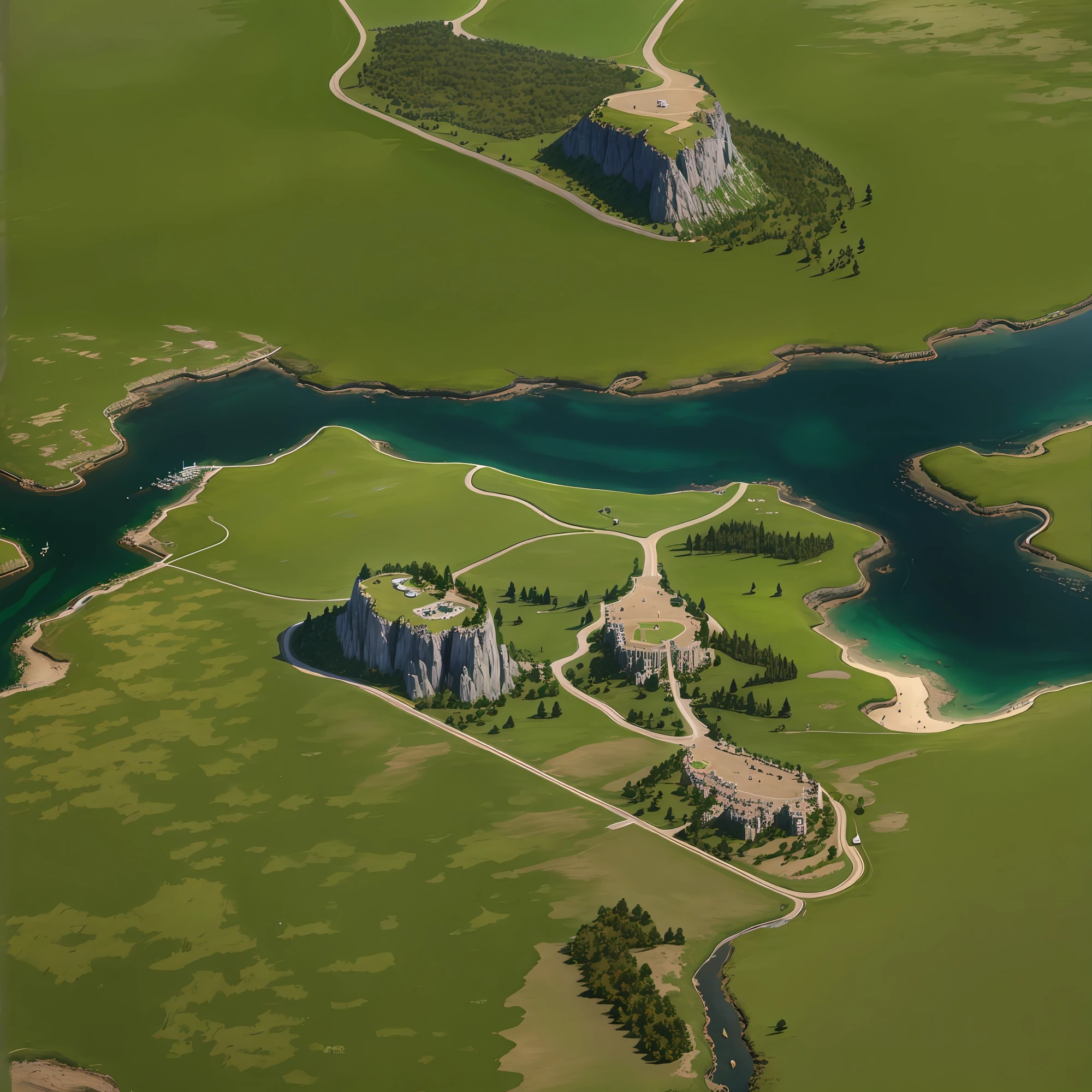 araffes in a field with a river and a forest, steam workshop maps, no trees, hyper detailed, zoom out very far, game map, grassy plains, coastline, highly detailed terrain, an expansive grassy plain, entire city visible, detailed scenery — Width 672, highly detailed maps, simple fantasy maps, r/battlemaps, detailed terrain, rock walls of river channels