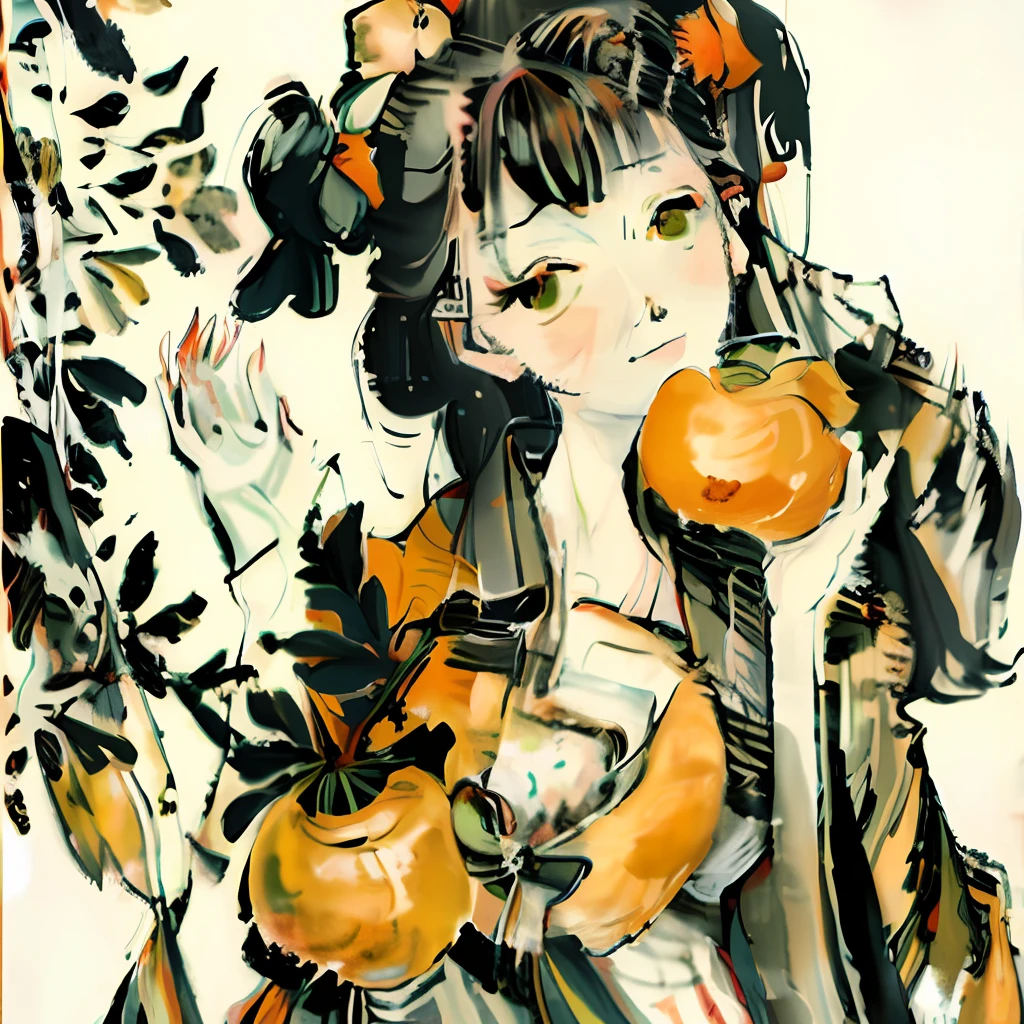 Impressionism, a young girl eating persimmons, a young oriental woman, the human body appears upper body, graceful gesture, classical oil painting style, holding persimmons, fresh persimmons, long Chinese hair, modernist oil painting, grainy background, persimmon tree, sunny afternoon, peaceful scene