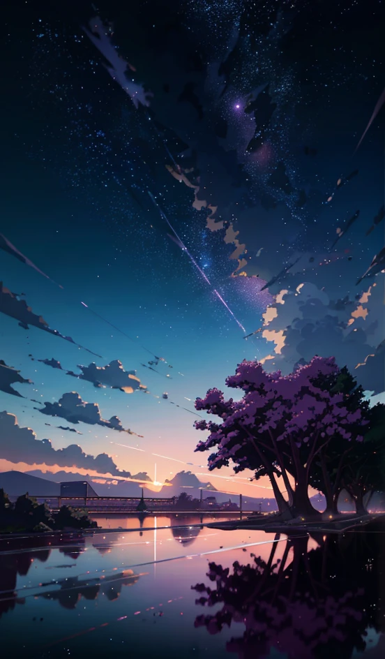 The picture is bright and well lit. no humans. (((Makoto Shinkai style)),pixiv,anime drawing,high quality,pink purple sky,beautiful scene),(universe,train passing,magical realism,((makoto shinkai style)) ::0.8), [Artistic Atmosphere, Atmosphere:0.8, Starry Sky, Hills, Snow Mountain, Sparkling Water, Grass, Trees, Smoke, Stars, Low Angle of View, Specular Scattering,