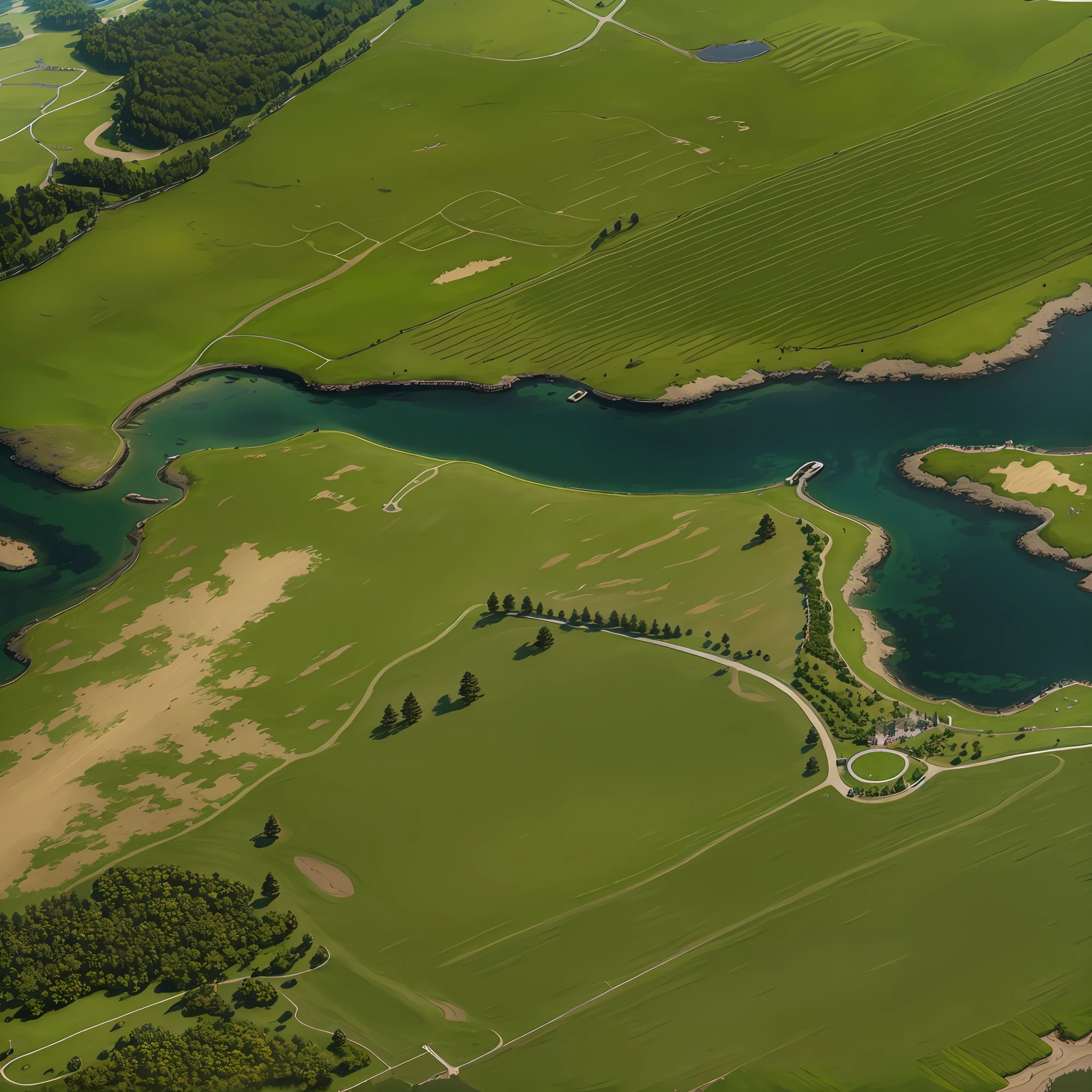 araffes in a field with a river and a forest, steam workshop maps, no trees, hyper detailed, zoom out very far, game map, grassy plains, coastline, highly detailed terrain, an expansive grassy plain, entire city visible, detailed scenery — Width 672, highly detailed maps, simple fantasy maps, r/battlemaps, detailed terrain, rock walls of river channels