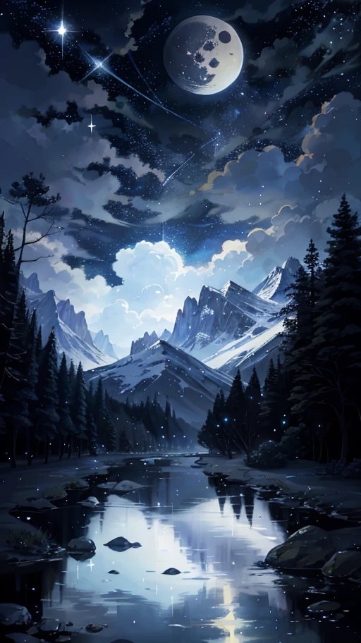 A painting of a river with stars and moon in the sky, concept art inspired by Tosa Mitsuoki, pixiv contest winner, best quality, fantasy art, beautiful anime scene, a bright moon, moonlit starry environment, dream painting, Anime Background Art, Fantasy Landscape Art, Fantasy Night, Anime Background, Background Artwork, Fantastic Art, Atmospheric Anime, Starry Sky, Detail Enhanced.