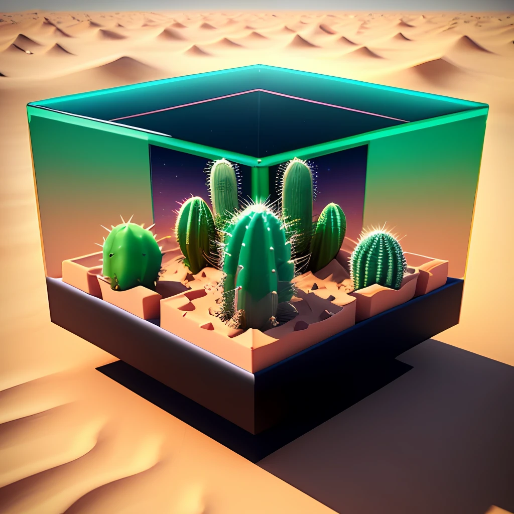 Cactus, desert, space, accurate 120 degrees, isometric, 3D rendering, photorealistic 3D rendering