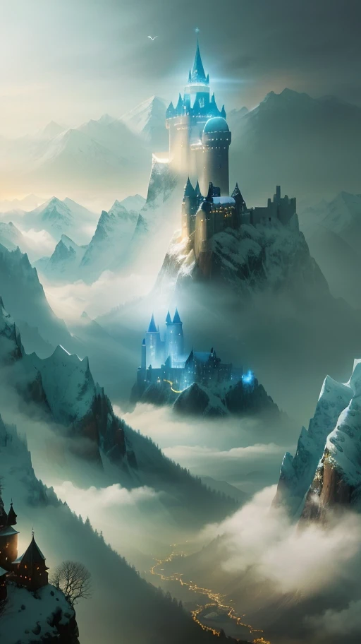 Overlooking the distant mountains, rivers, rolling peaks, vistas, castles, villages, clouds, birds, dawn in the dark, angelic light, surreal fantasy, close-up is the back of the Holy Light Knight (backlight)