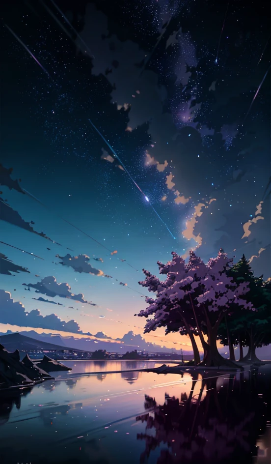 The picture is bright and well lit. no humans. (((Makoto Shinkai style)),pixiv,anime drawing,high quality,pink purple sky,beautiful scene),(universe,train passing,magical realism,((makoto shinkai style)) ::0.8), [Artistic Atmosphere, Atmosphere:0.8, Starry Sky, Hills, Snow Mountain, Sparkling Water, Grass, Trees, Smoke, Stars, Low Angle of View, Specular Scattering,