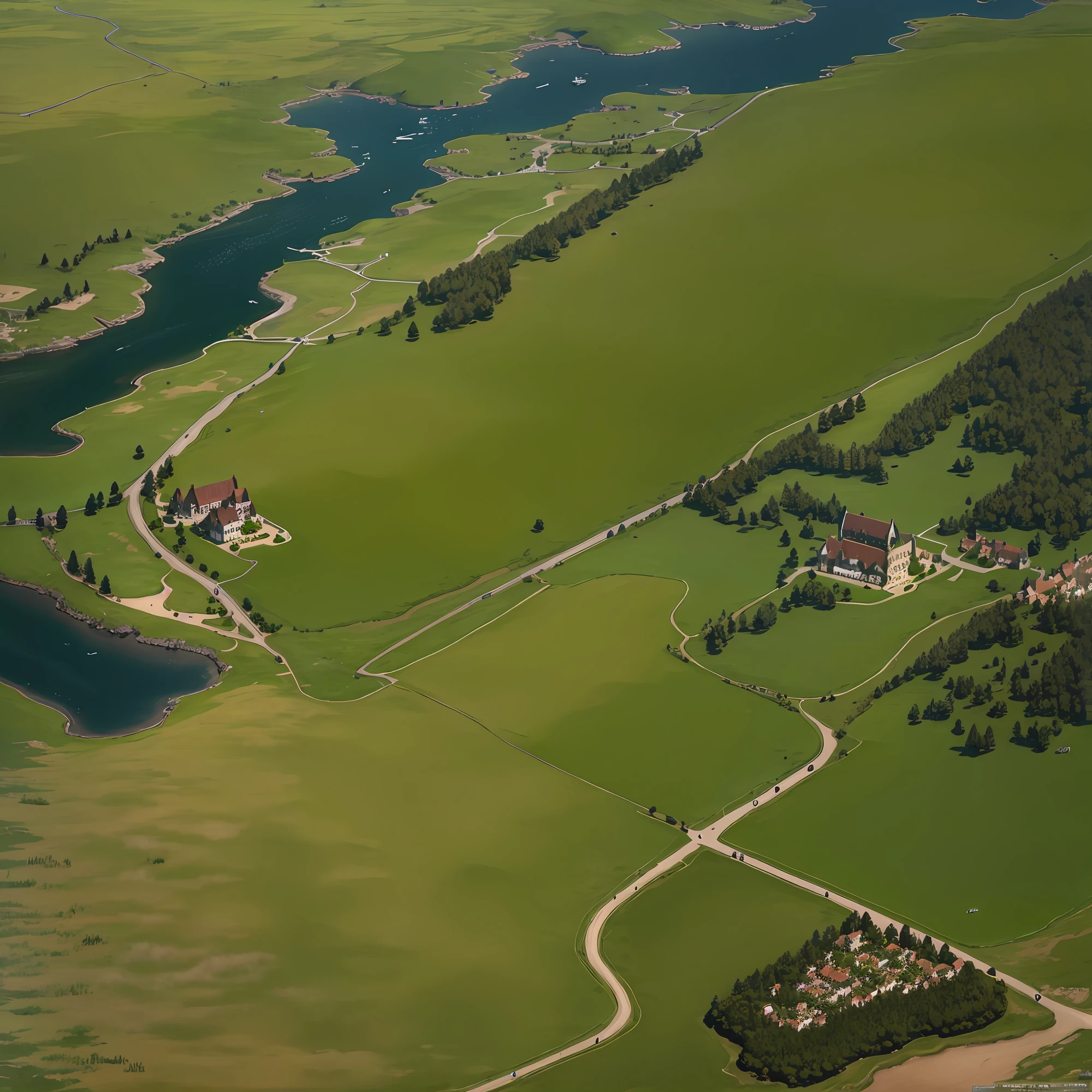 araffes in a field with a river and a forest, steam workshop maps, no trees, hyper detailed, zoom out very far, game map, grassy plains, coastline, highly detailed terrain, an expansive grassy plain, entire city visible, detailed scenery — Width 672, highly detailed maps, simple fantasy maps, r/battlemaps, detailed terrain, rock walls of river channels